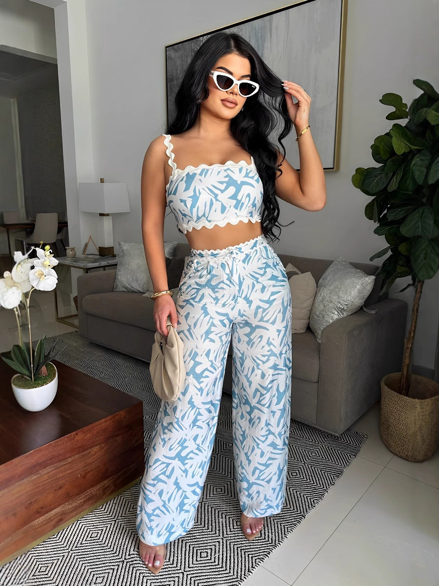 Women summer print sexy suspender wrap chest lace contrast color Top and Bell Bottom Pants Two Piece Set 5