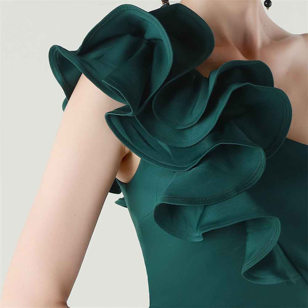 Women One-Shoulder Beaded Wool and Floral Satin Slit Sexy Evening Dress 48