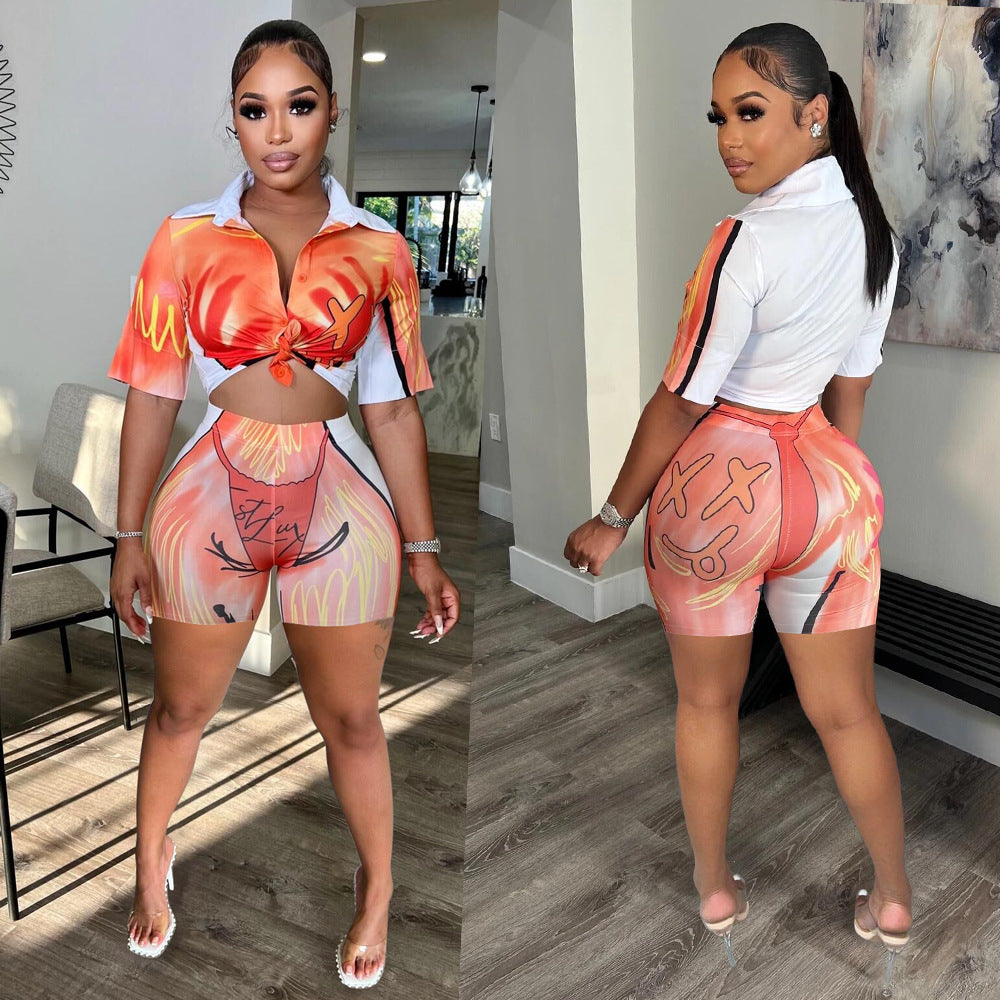Fashion Casual Print Suit Street Women Short Sleeve Shorts Two Piece Set