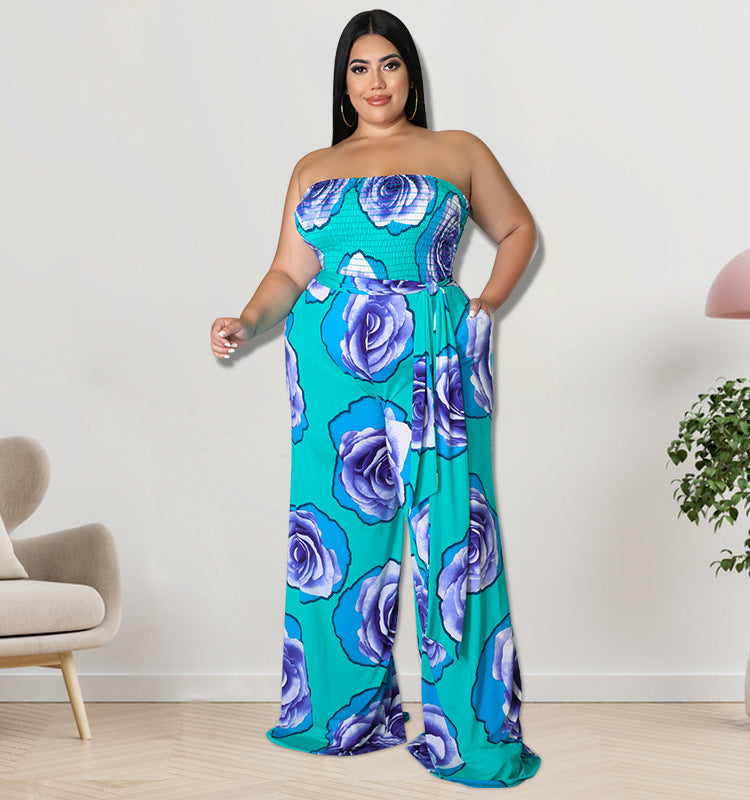 Plus Size Women summer sleeveless rose flower Strapless Jumpsuit 4
