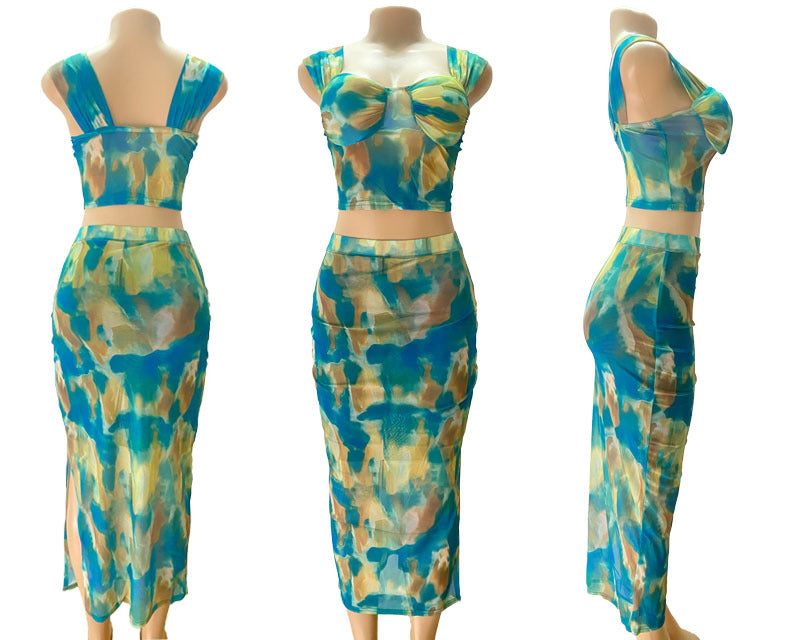 Women Sexy Top and Mesh Print Slit Skirt Two-piece Set 14
