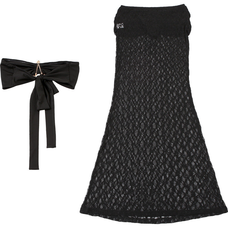 Women summer solid sexy lace-up strapless top and lace maxi skirt two-piece set 14