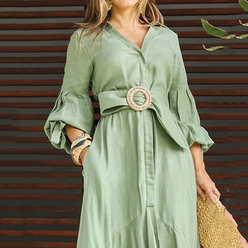 Green Dress Western Dress Fashion Casual Full Sleeve V Neck Turndown Collar Solid & Pocket Maxi Dress 8