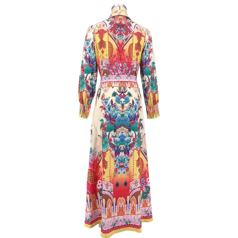 Women's Autumn Turn-Down Collar Lantern Sleeve Slim Waist Painting Print Casual Dress 5