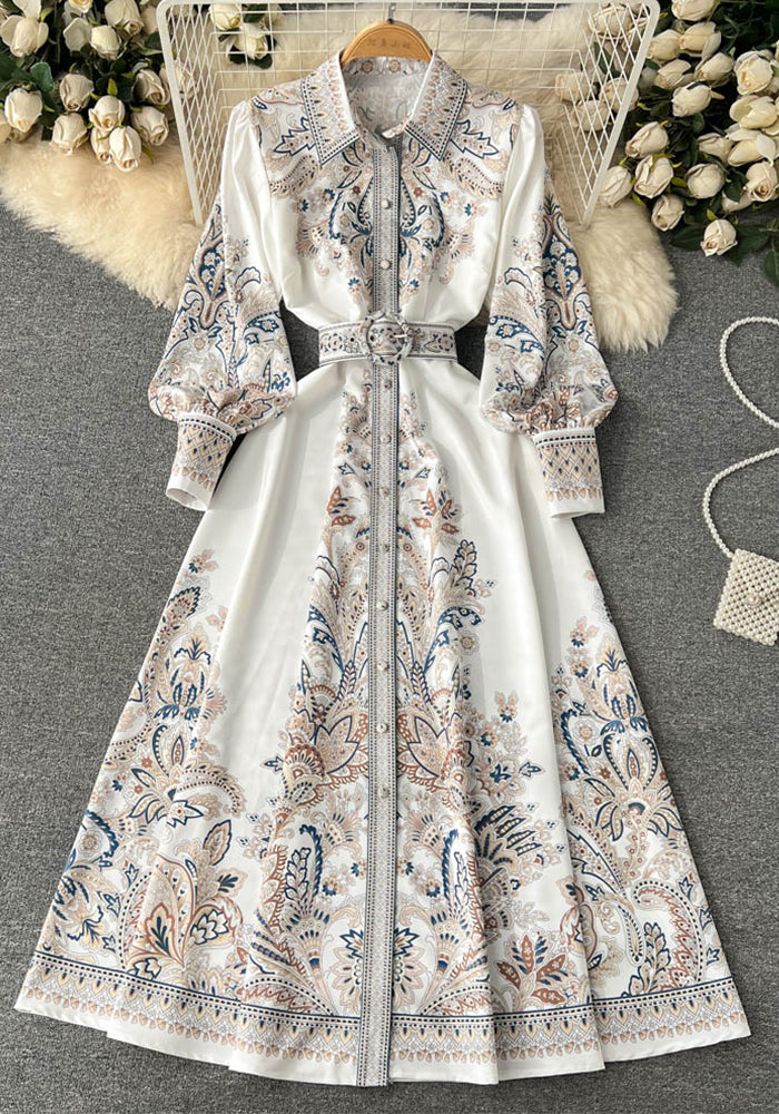 Spring And Autumn Lantern Sleeves Turndown Collar Single-Breasted Button Printed Dress Women Slim Waist Swing Long Dress