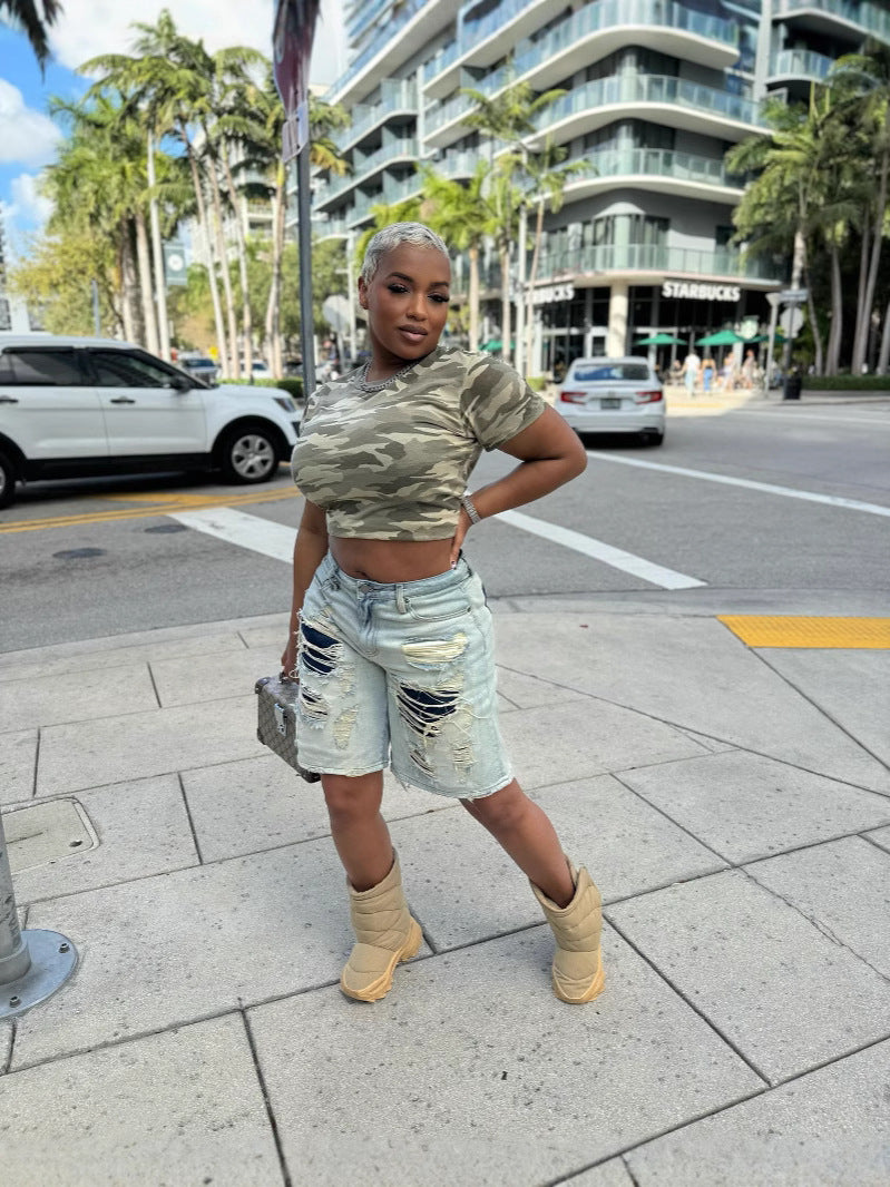 Women street fashion washed Ripped Patchwork Denim three-quarter pants 6