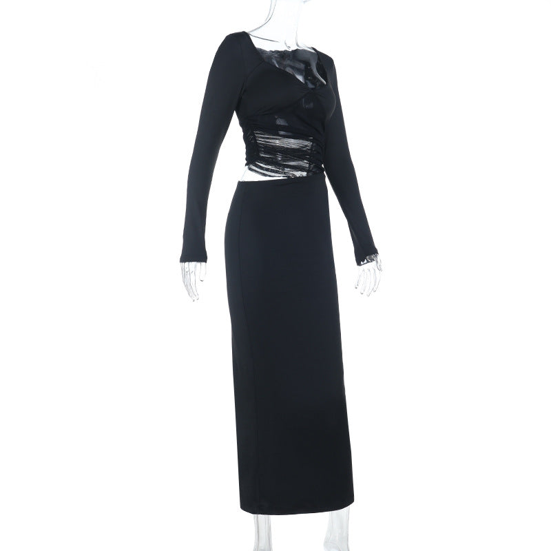 Women Mesh Cutout Patchwork Long Sleeve Maxi Dress 6