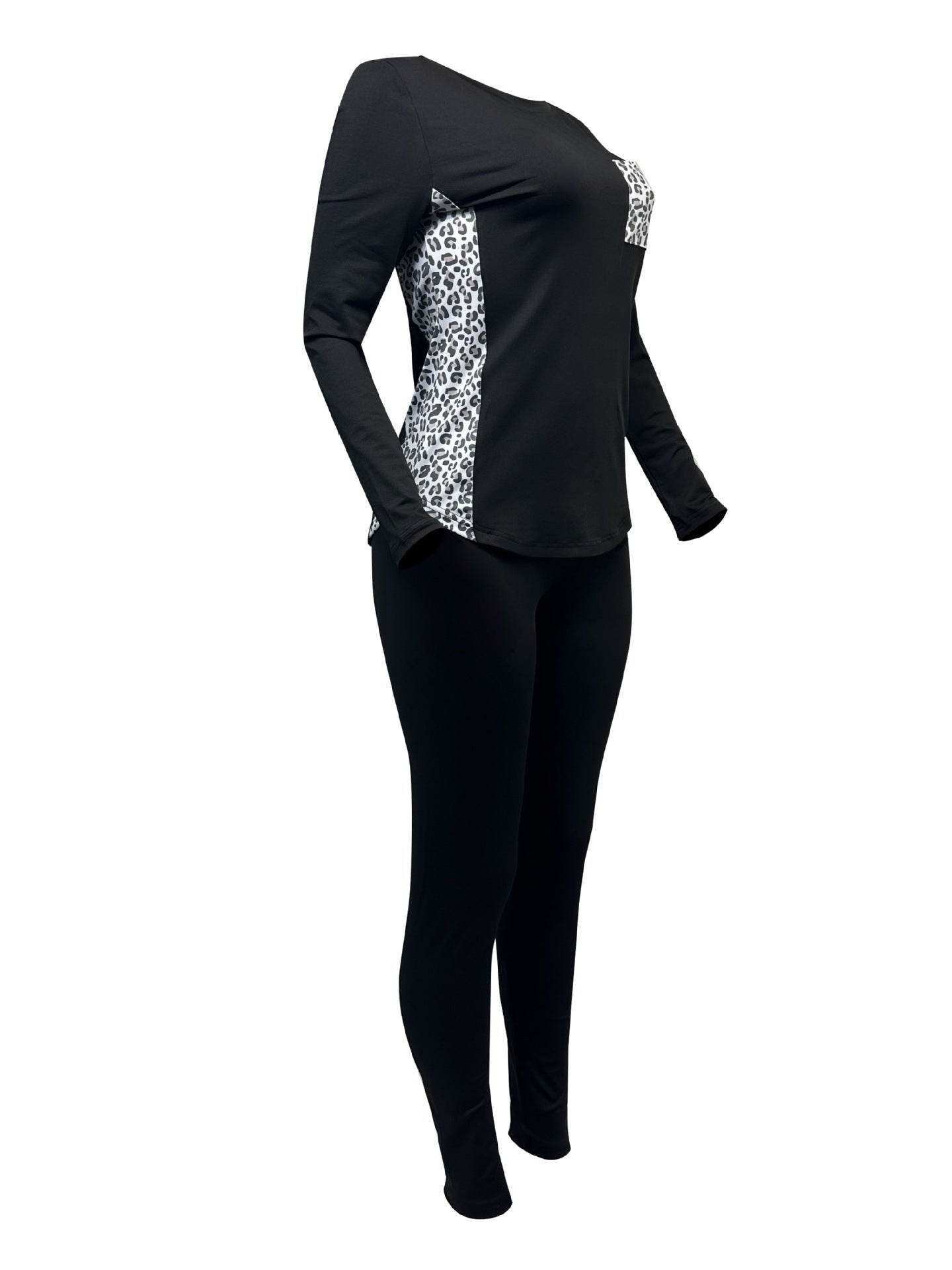 Women Leopard Patchwork Casual Round Neck Top and Pants Two-piece Set 28