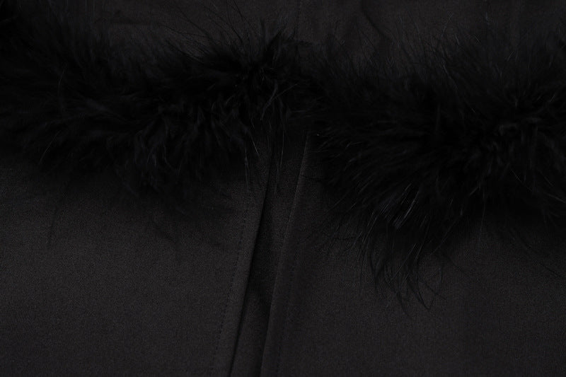 Autumn Women's Sexy Beaded Straps Slim Waist Low Back Furry Dress 13