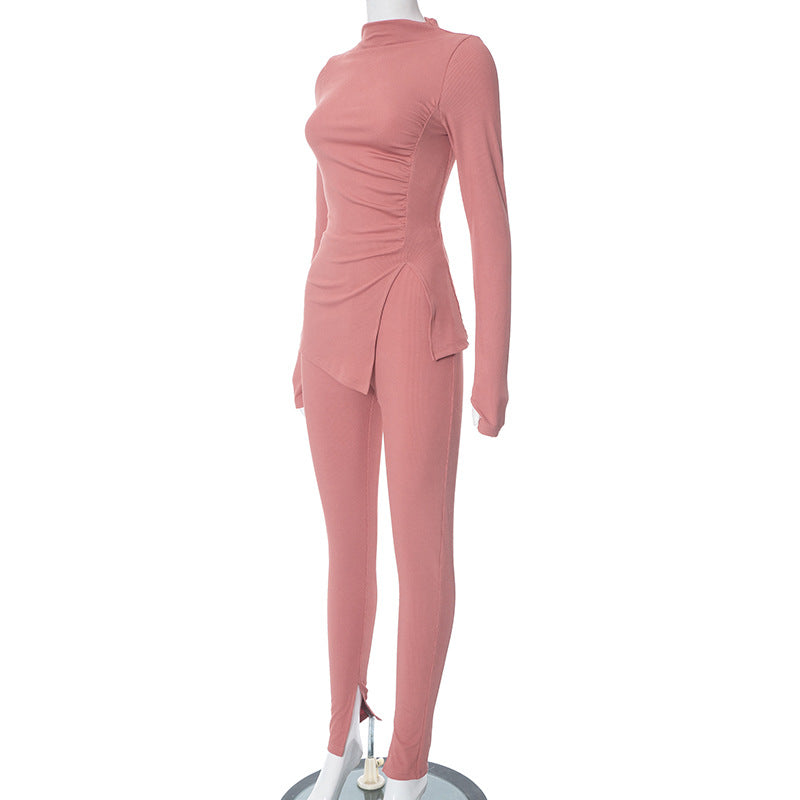 Women's Autumn and Winter Solid Color Tight Fitting Long Sleeve Top Slit Pants Casual Set 11