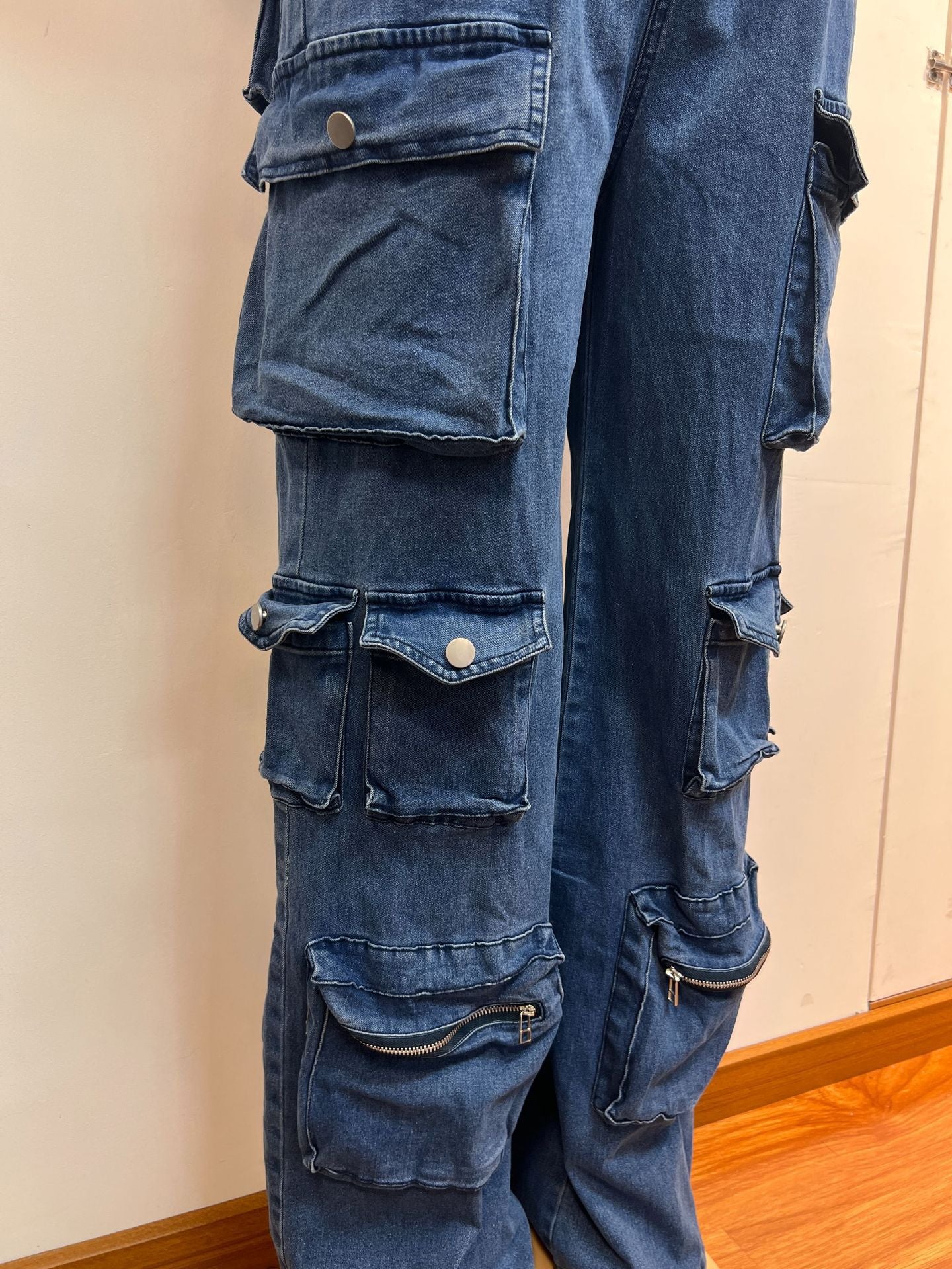 Women Cargo short sleeve Turndown Collar Denim Jumpsuit 9