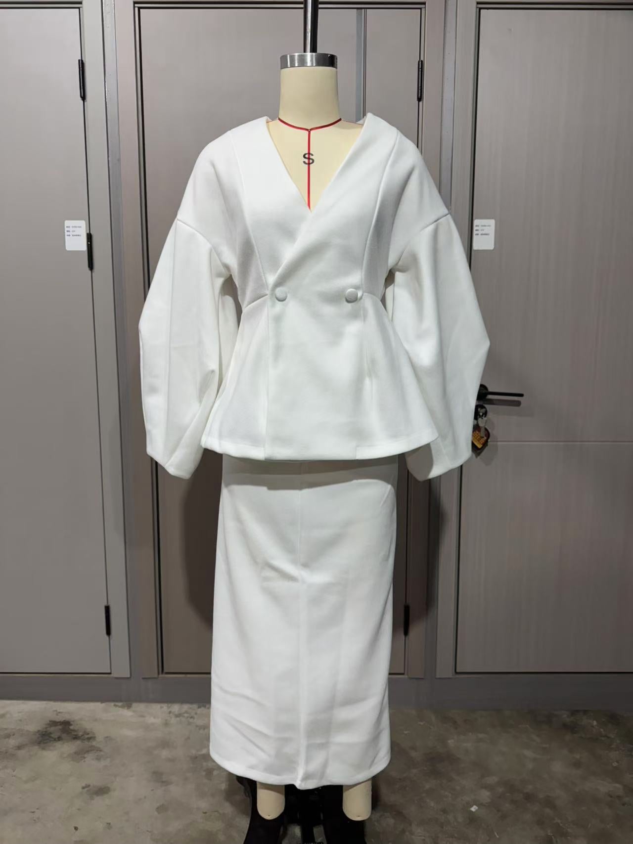 Women Solid Button Puff Sleeve Top and Skirt Two Piece Set 16