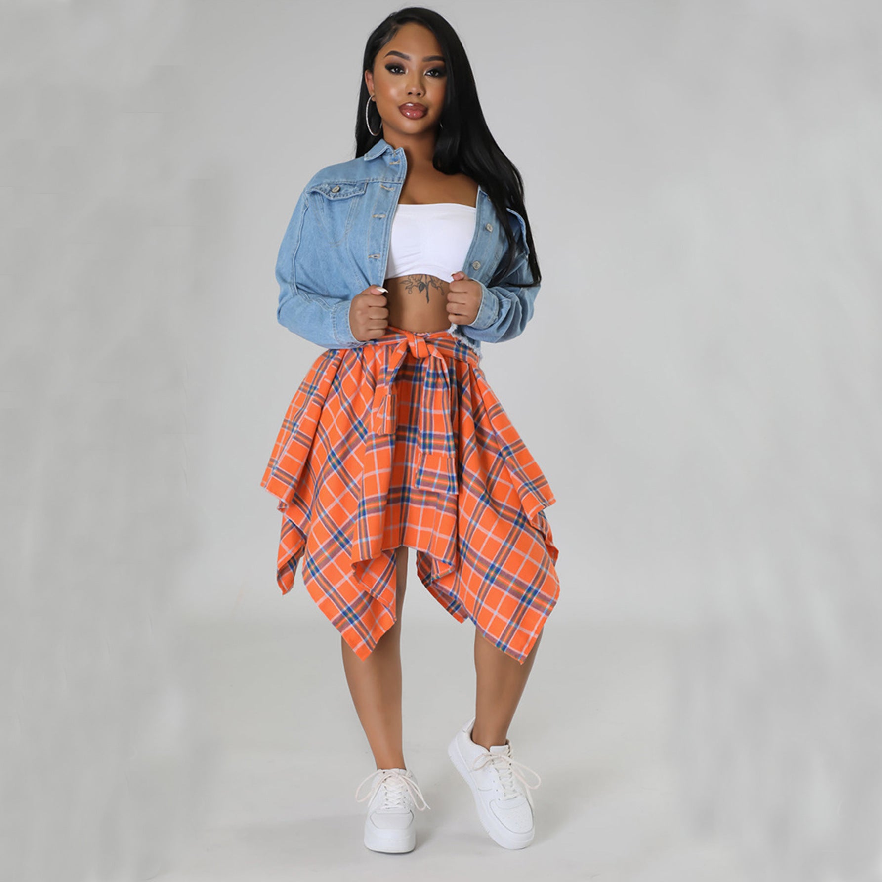 Fashionable Asymmetrical High-Waist Patchwork Plaid Skirt 4