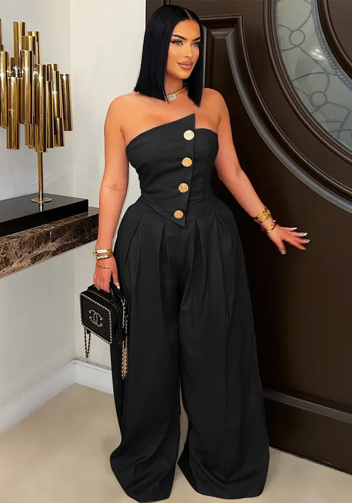 Women Style Strapless Large Button Sleeveless Wide-Leg Jumpsuit