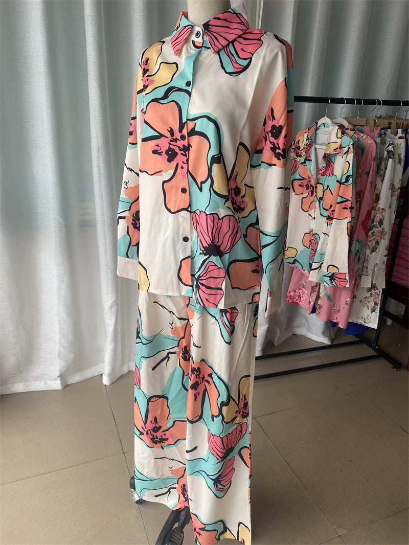 Chic Women's Plus Size Print Career Shirt High Waist Wide Leg Pants Two Piece Set 11
