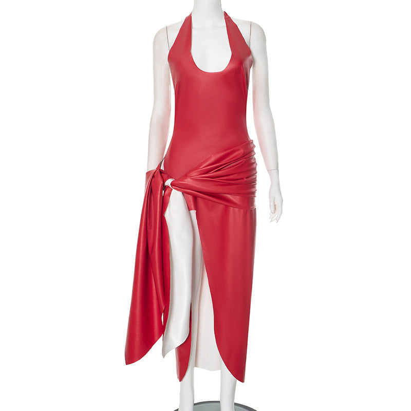 Spring Summer Sexy Deep V Halter Neck Lace Up Slit Dress 7