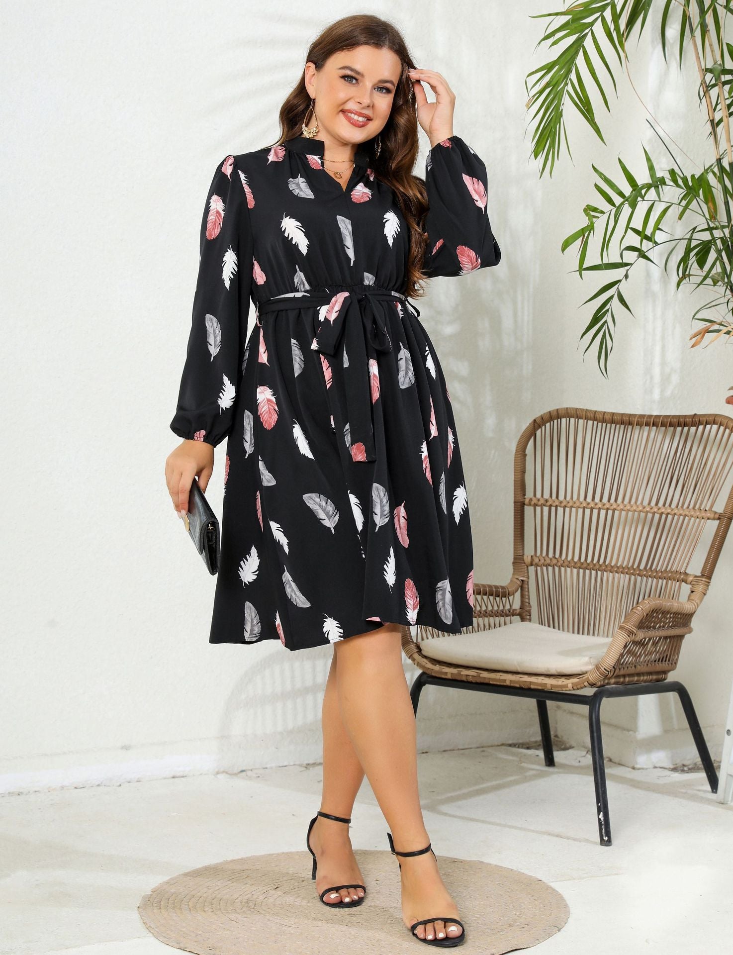 V-Neck Printed Long Sleeve Slim Waist Plus Size Women's Dress 5