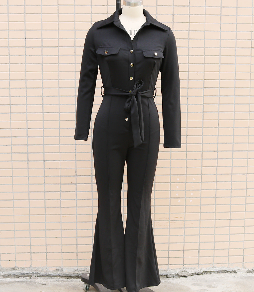 Women Turndown Collar Long Sleeve Bell-Bottom Jumpsuit 21