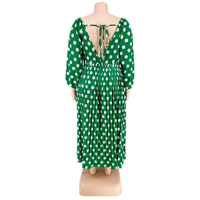 Plus Size Women'S Polka Dot Print Long Sleeve Pleated Dress With Belt 14