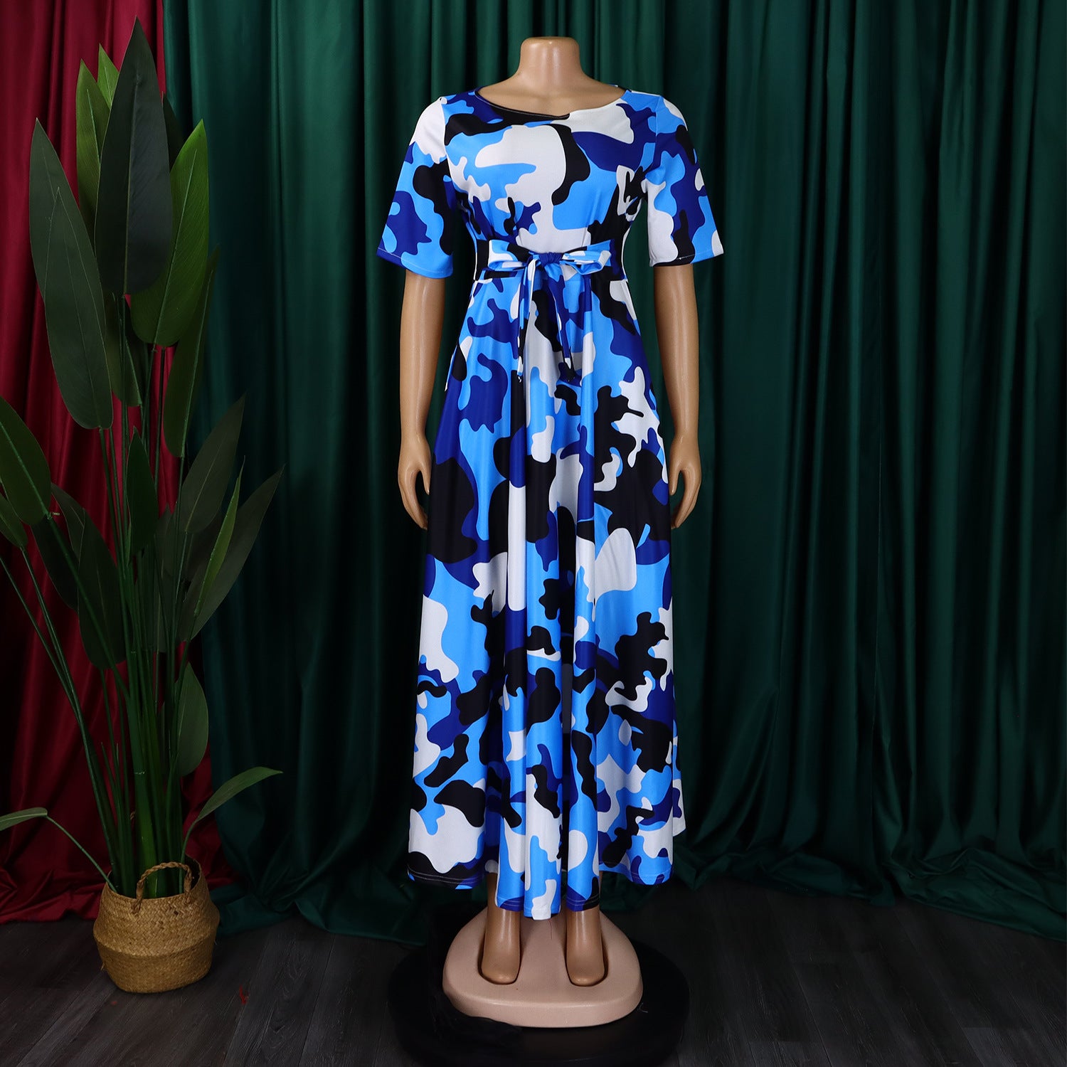 Women's Fashion Chic Tie-Waist African Plus Size Short Sleeve A-Line Dress 28