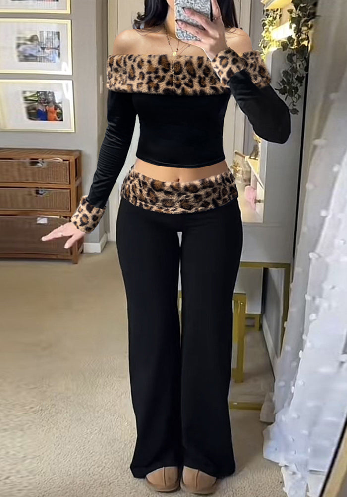 Women Fall/Winter Fuzzy Leopard Print Off-The-Shoulder Long-Sleeved Patchwork Casual Pants Two-Piece Set