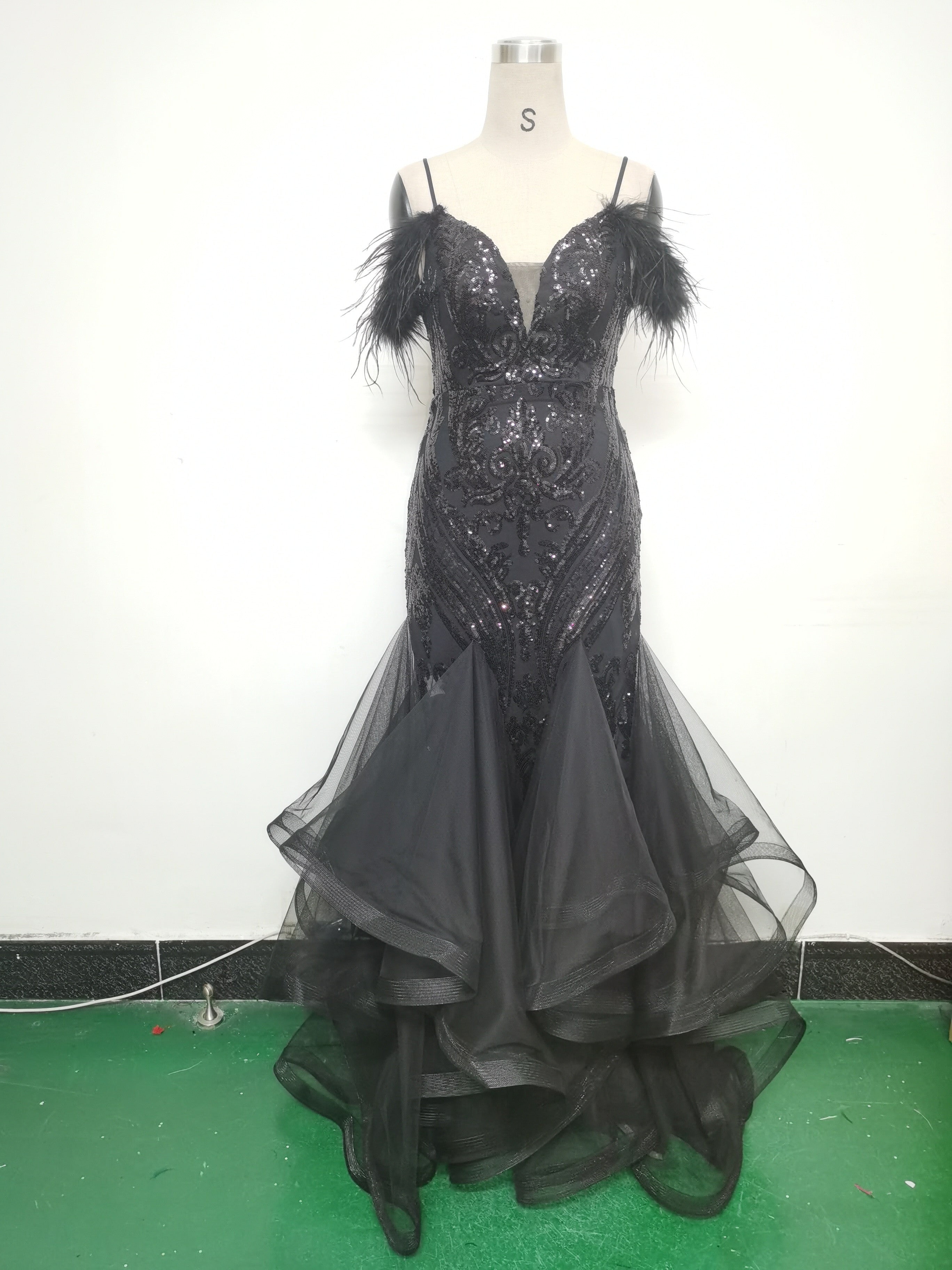 Women ostrich feather flower sequins patchwork mesh evening dress 29