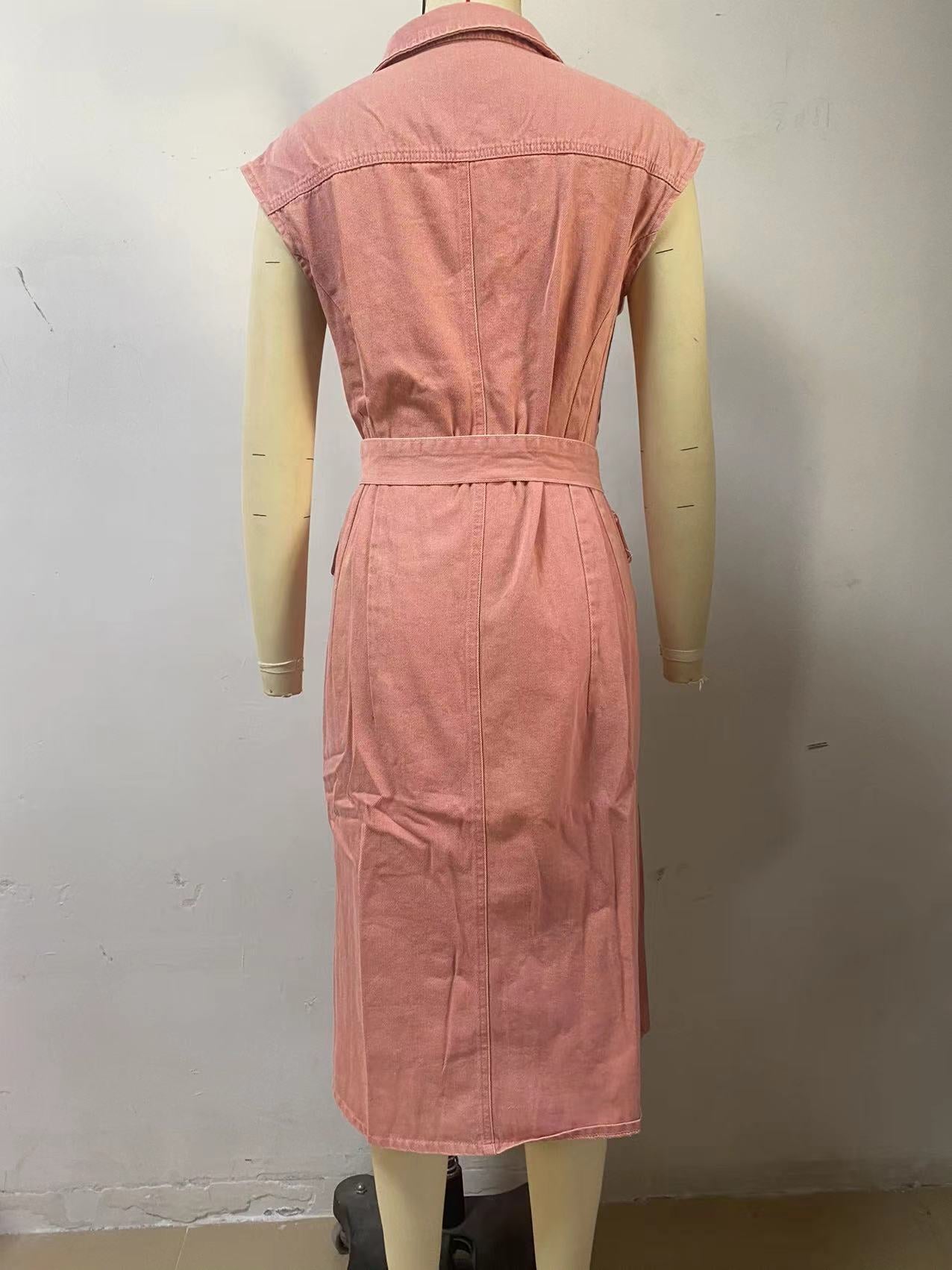 Women Casual Single-Breasted Sleeveless Denim Dress 13