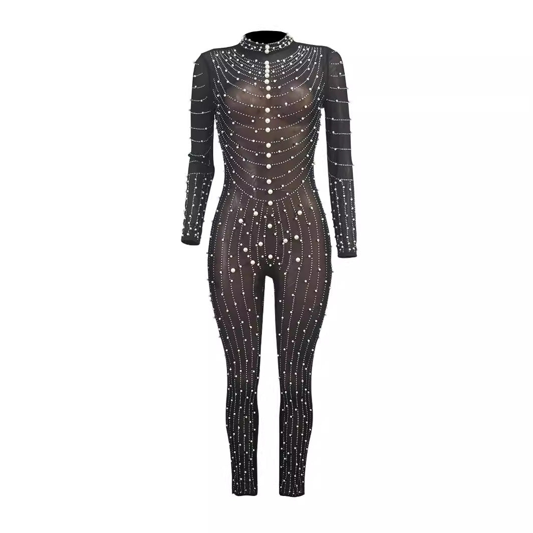 Women Sexy Mesh See-Through Beaded Round Neck Long Sleeve Jumpsuit 4