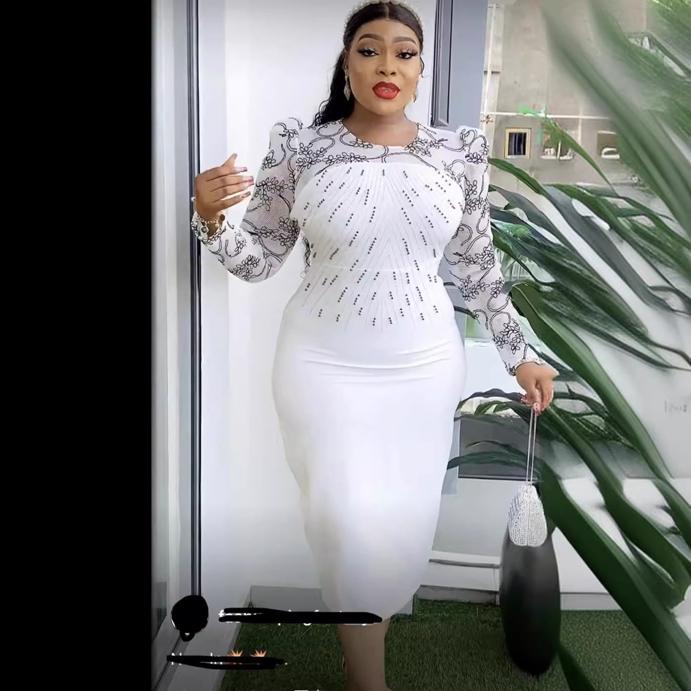 Women's Fashion Career Chic Africa Plus Size Organza Patchwork Bead Bodycon Dress 6