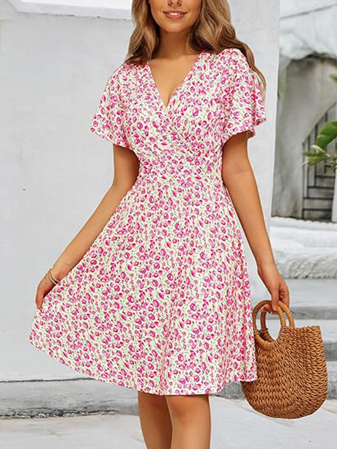 Women summer floral short-sleeved v-neck dress 6