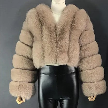 Women Winter Warm Patchwork Crop Long Sleeve Faux Fur Jacket 35