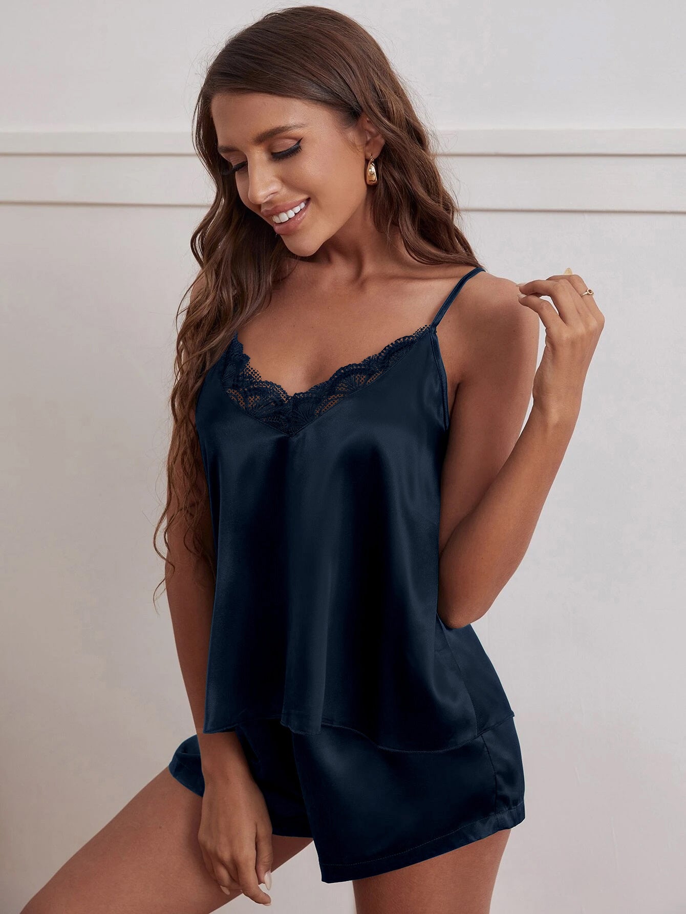 Women summer Satin suspenders Top and shorts home wear two-piece set 15