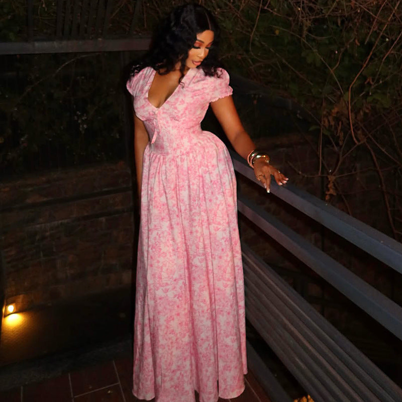 women's print elegant v-neck Chic bubble sleeve a-line pleated long dress 3