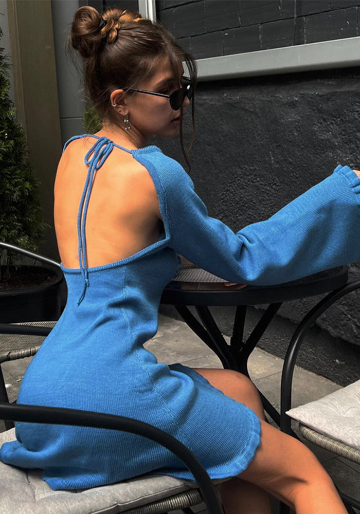 Winter Sexy Knitting Tie Low Back Bell Bottom Long Sleeve Solid Color Dress