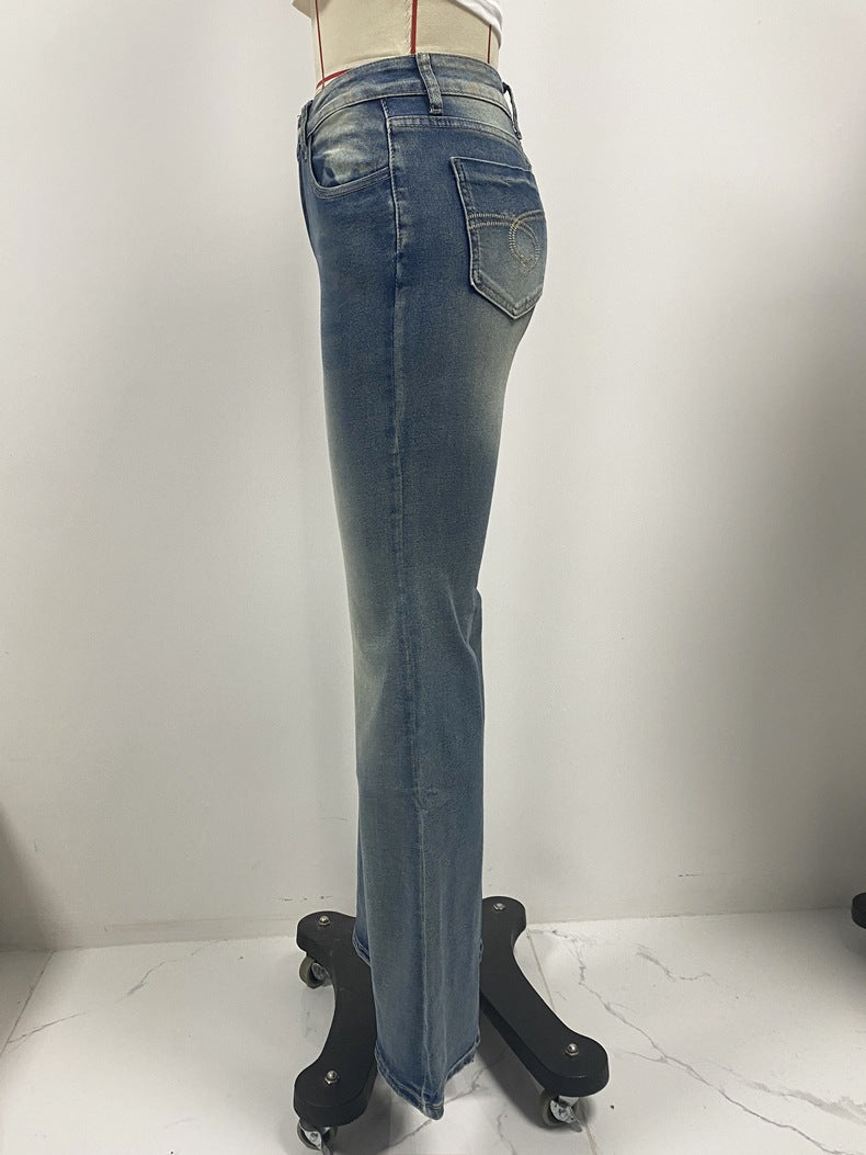 Women Denim Pant Stretch Pocket Embroidery Retro Bell Bottom Denim Pant 7