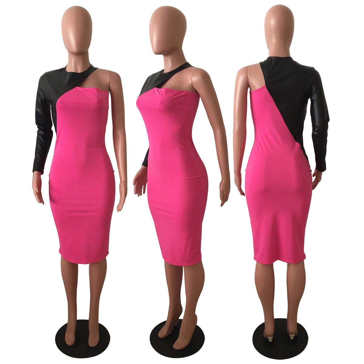 Women Sexy Pu Leather Patchwork Long Sleeve Dress 17