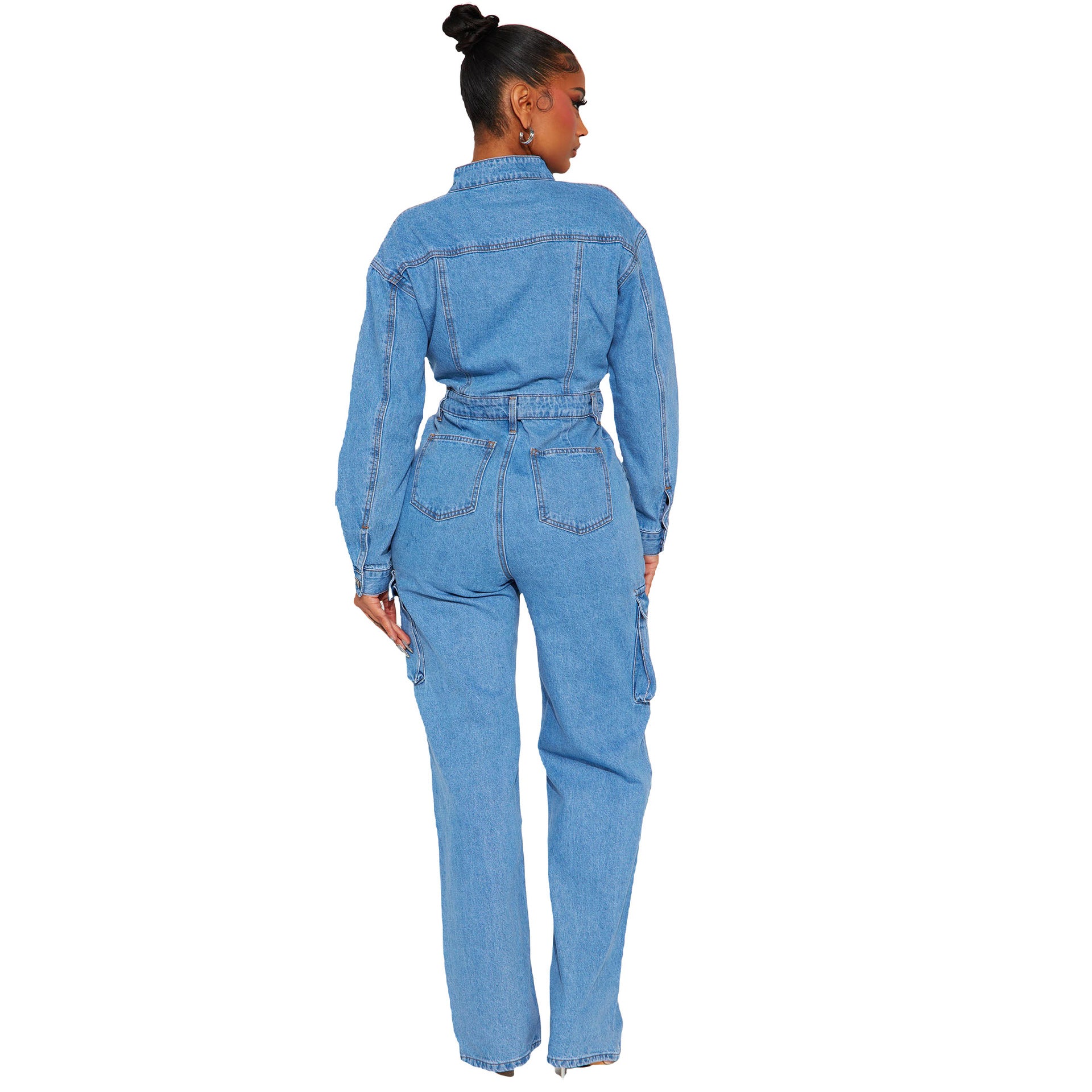 Spring Long Sleeve Pocket Washed Denim Cargo Jumpsuit 5