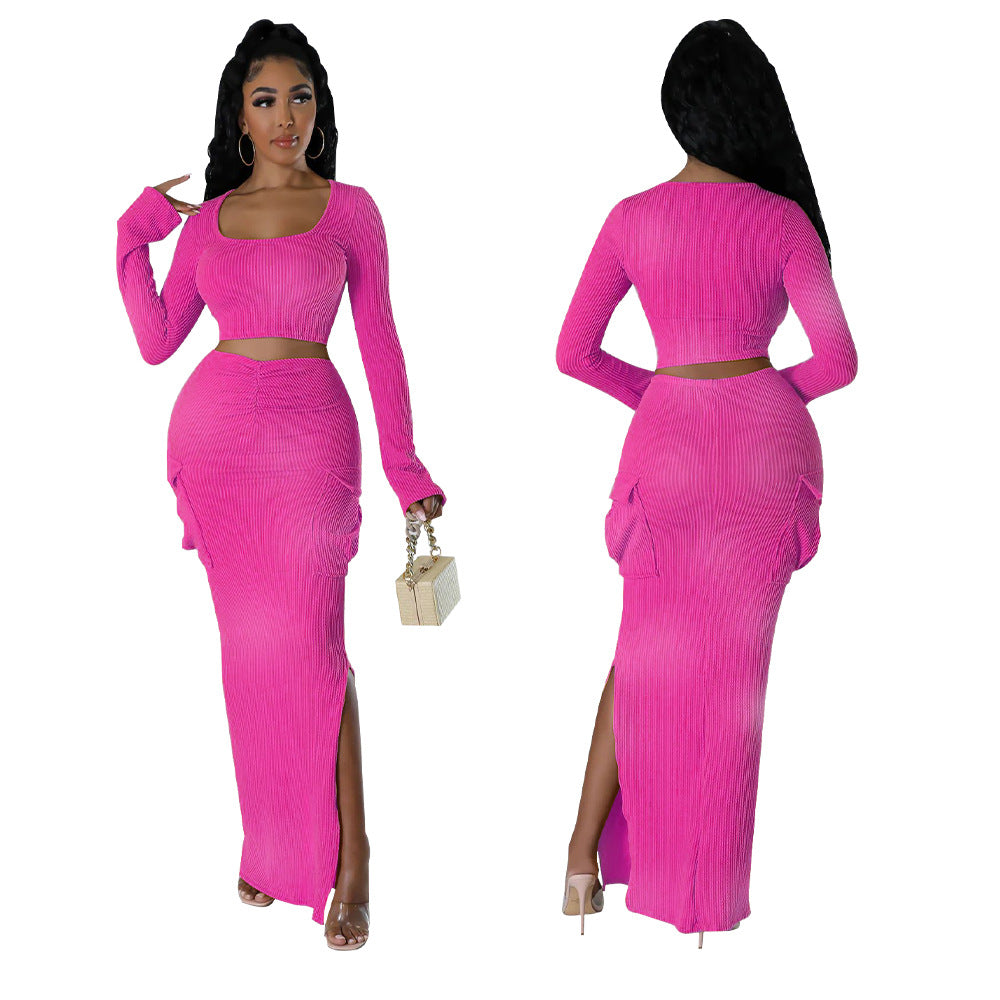 Fashionable Women's Ribbed Printed Long Sleeve Side Pockets Slit Two Piece Skirt Set 5