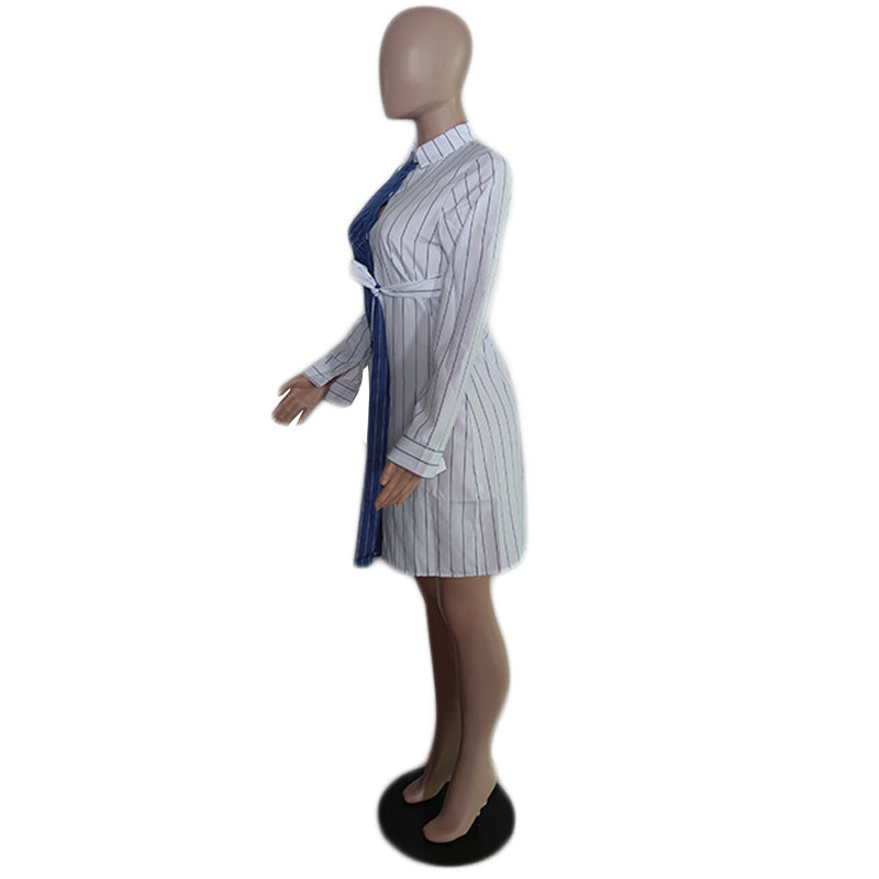 Women Contrast Color Long Sleeve Striped Shirt Dress 6