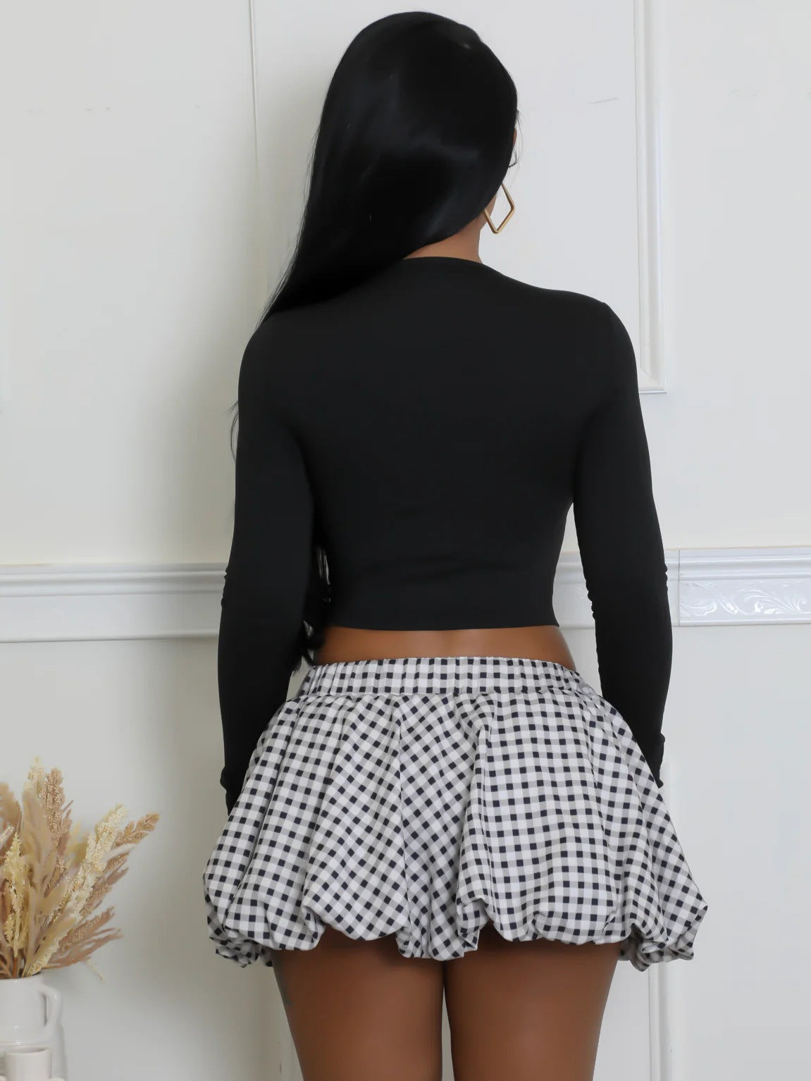 Women's Long-Sleeve Knit Top & Plaid Bubble Skirt Fashion Set 8