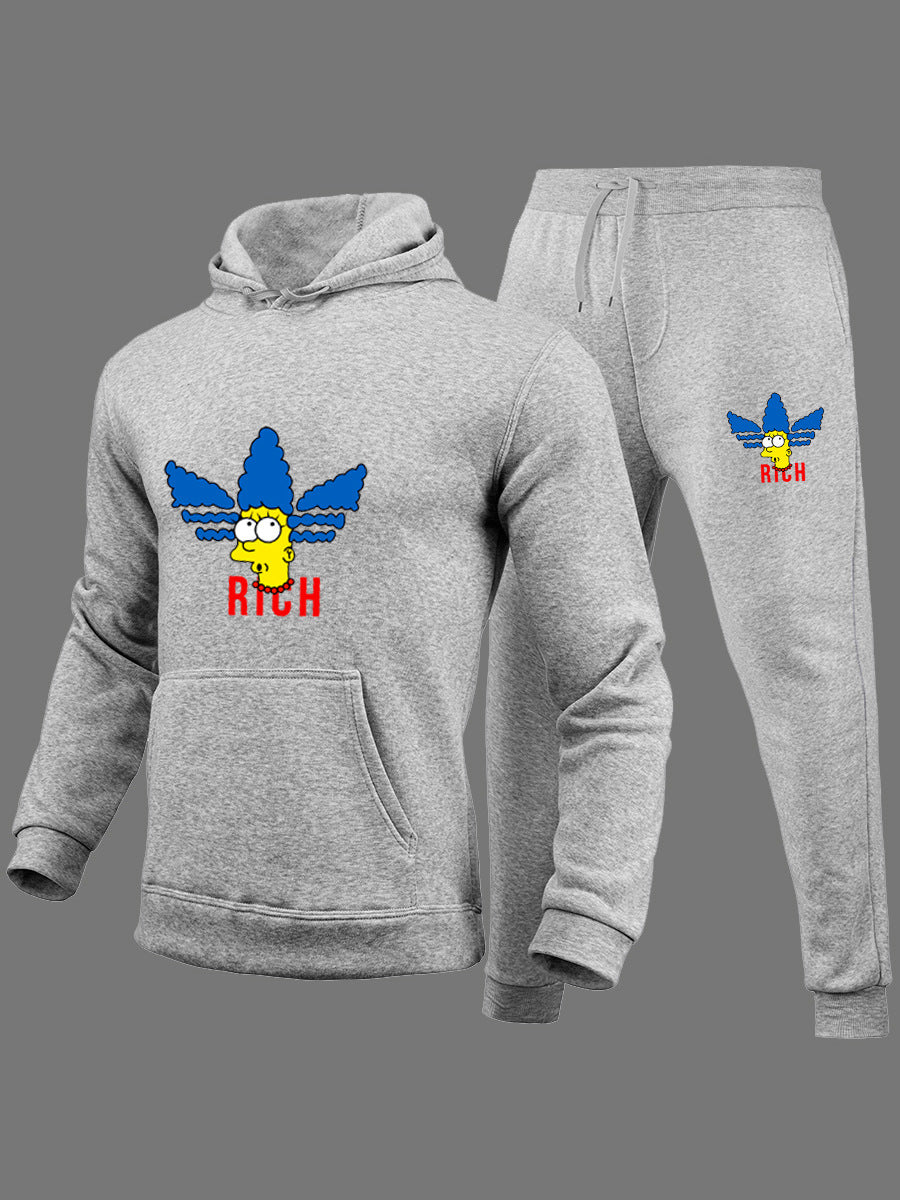 Autumn And Winter Fashionable Printed Fleece Hooded Sports Two Piece Set 3