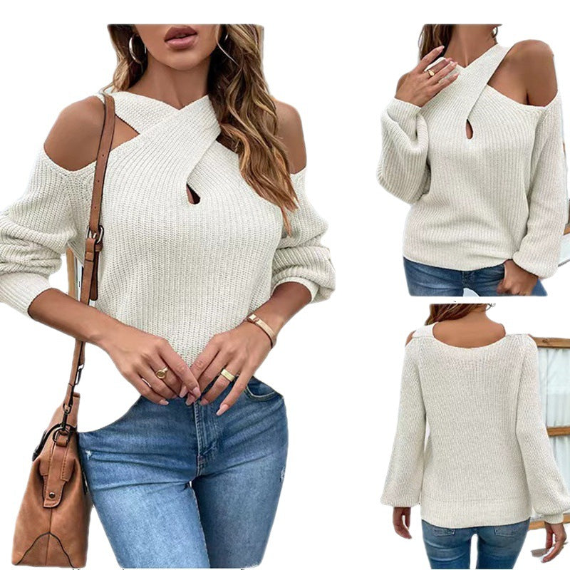 Autumn And Winter Solid Color Cross Halter Neck Lantern Sleeve Knitting Sweater For Women 9