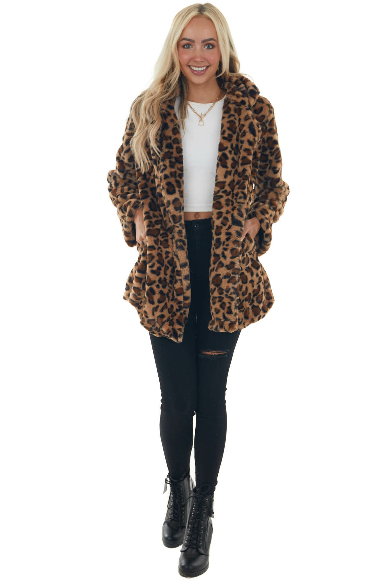Autumn Winter Leopard Print Women'S Fashion Chic Faux Fur Loose Jacket With Pockets 7