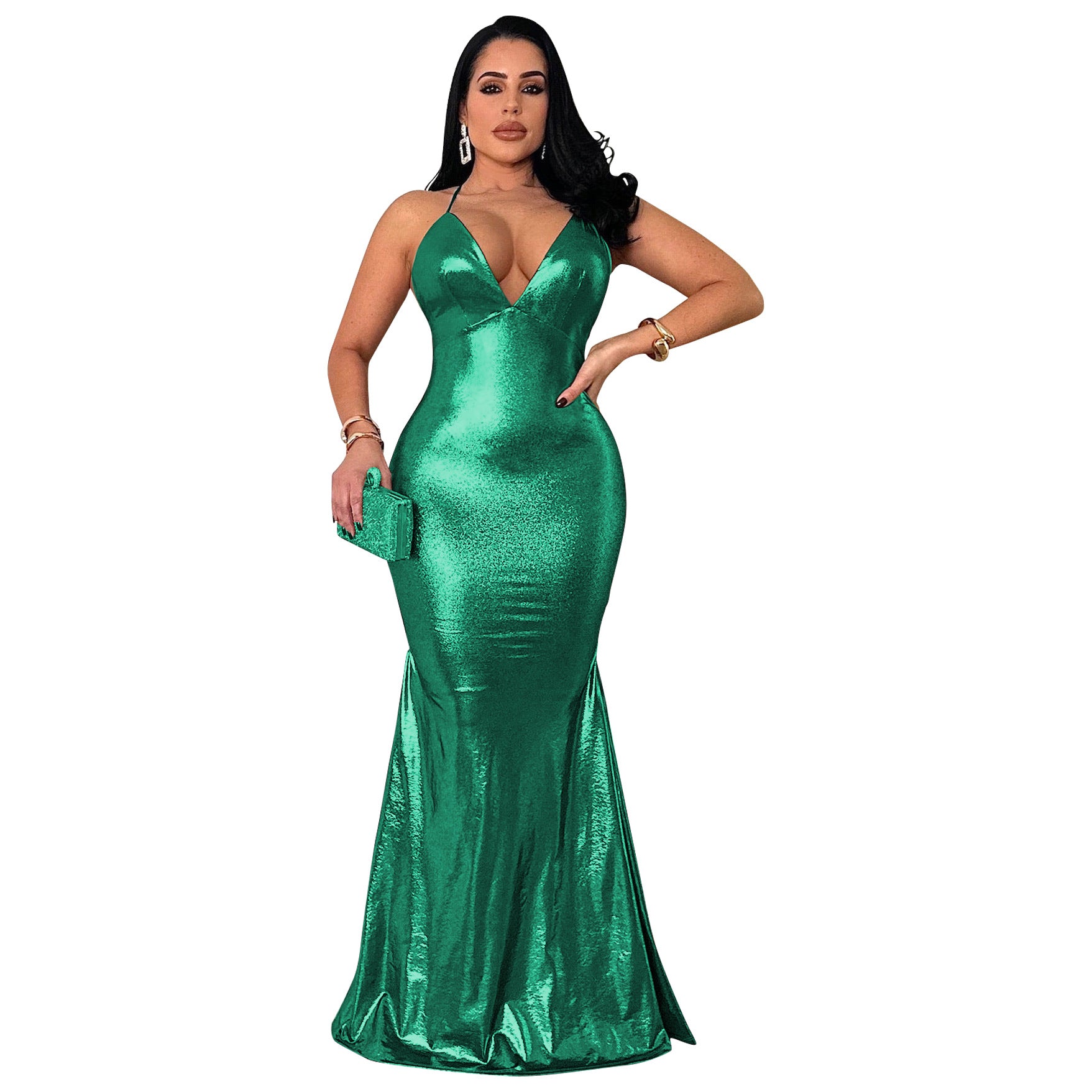Women's Strap Sexy V-Neck Metallic Color Tight Fitting Party Maxi Dress 5