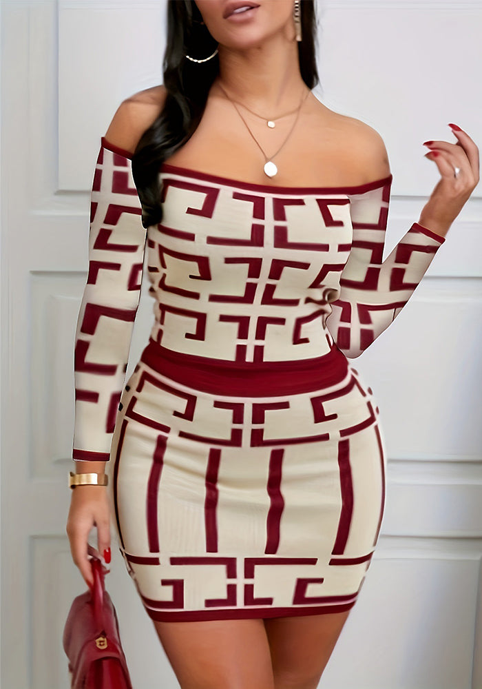 Sexy Geometric Print Casual Long-Sleeved Top And Skirt Two-Piece Set For Women
