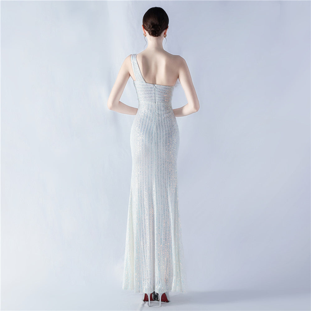 Women Beaded One Shoulder Slash Shoulder Split Sequin Evening Dress 9