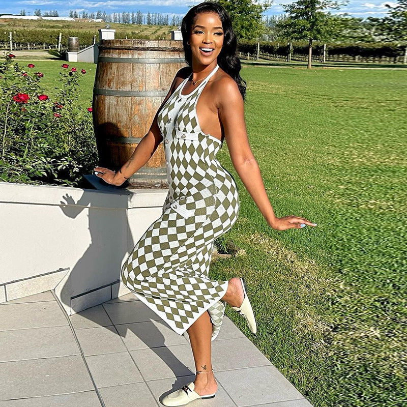 Women's U Neck Tight Fitting Dress Sexy Halter Plaid Low Back Slit Long Dress