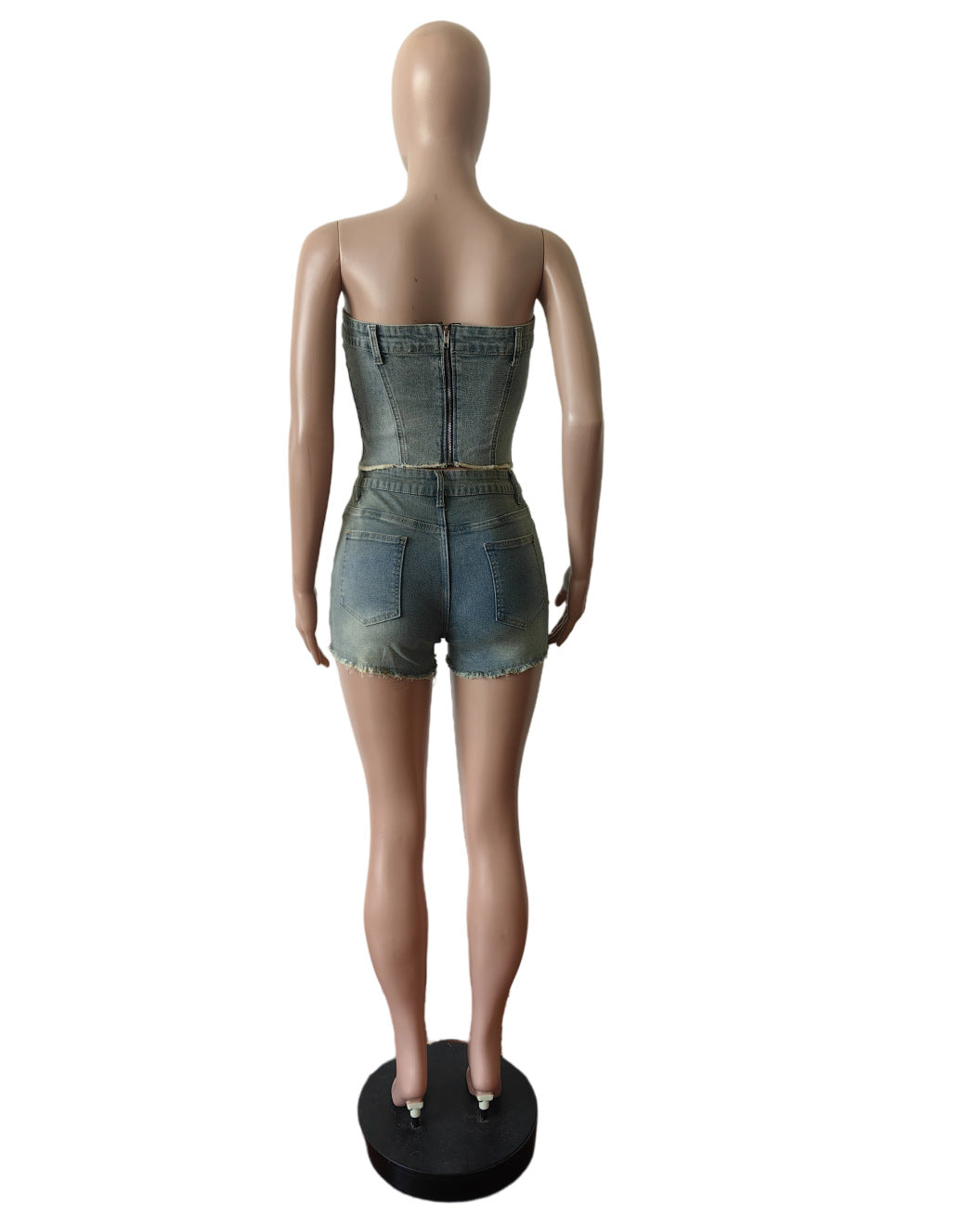 Strapless Stretch Two Piece Denim Shorts Set 8