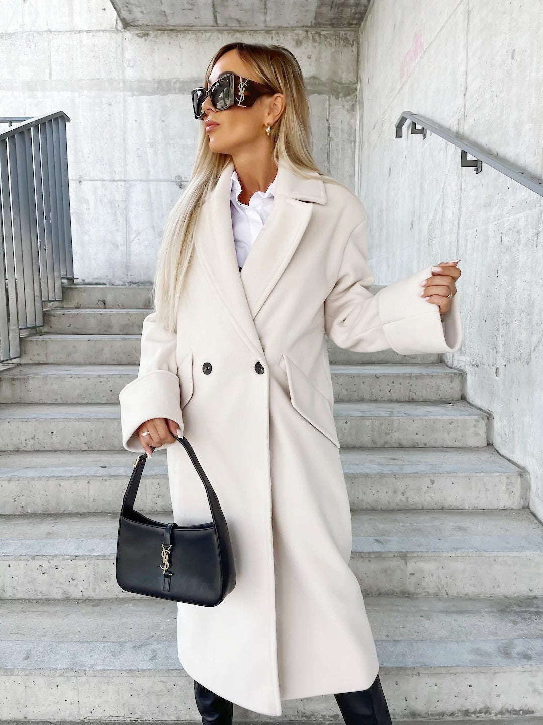 Autumn And Winter Long-Sleeved Turndown Collar Double-Breasted Woolen Coat Top For Women 12