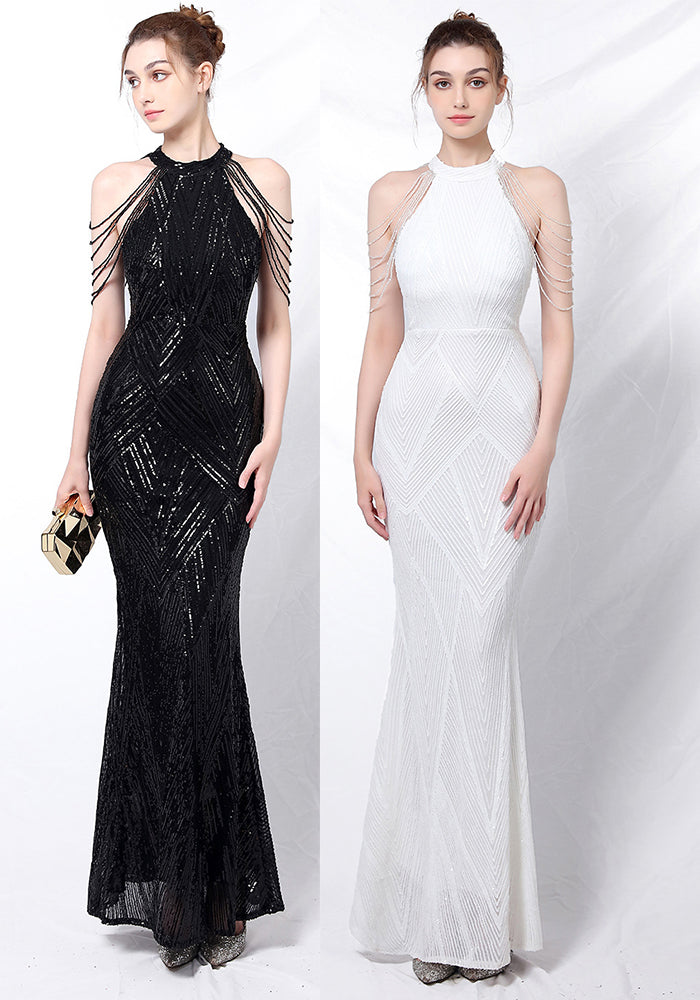 Deep V-Neck Sequined Fishtail Dress Sexy Evening Party Gown